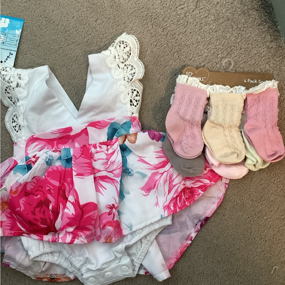 Lace-Trim White Baby One-Piece Bodysuit with Pink Floral Skirt with socks